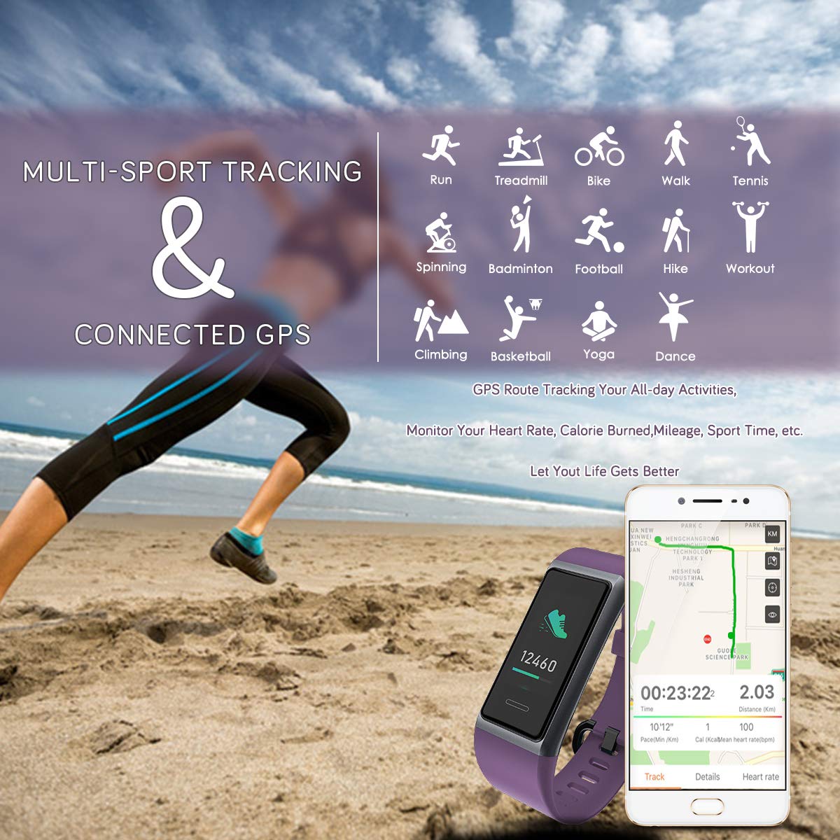 CHEREEKI Fitness Tracker, Orologio Fitness Bluetooth Impermeabile IP68 Uomo Donna con Cardiofrequenzimetro, Contapassi con Calorie, e Cronometro per iPhone Android (Viola)