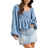 Women Floral Embroidered Blouses Long Lantern Sleeve Smocked Top Y2k Square Neck Babydoll Shirts Vintage Flowy Tops