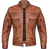 Rabbaniz Men Cafe Racer Motorcycle Style Solid Color Leather Jacket | Mens Slim Fit Motorcycle Brown Leather Jacket