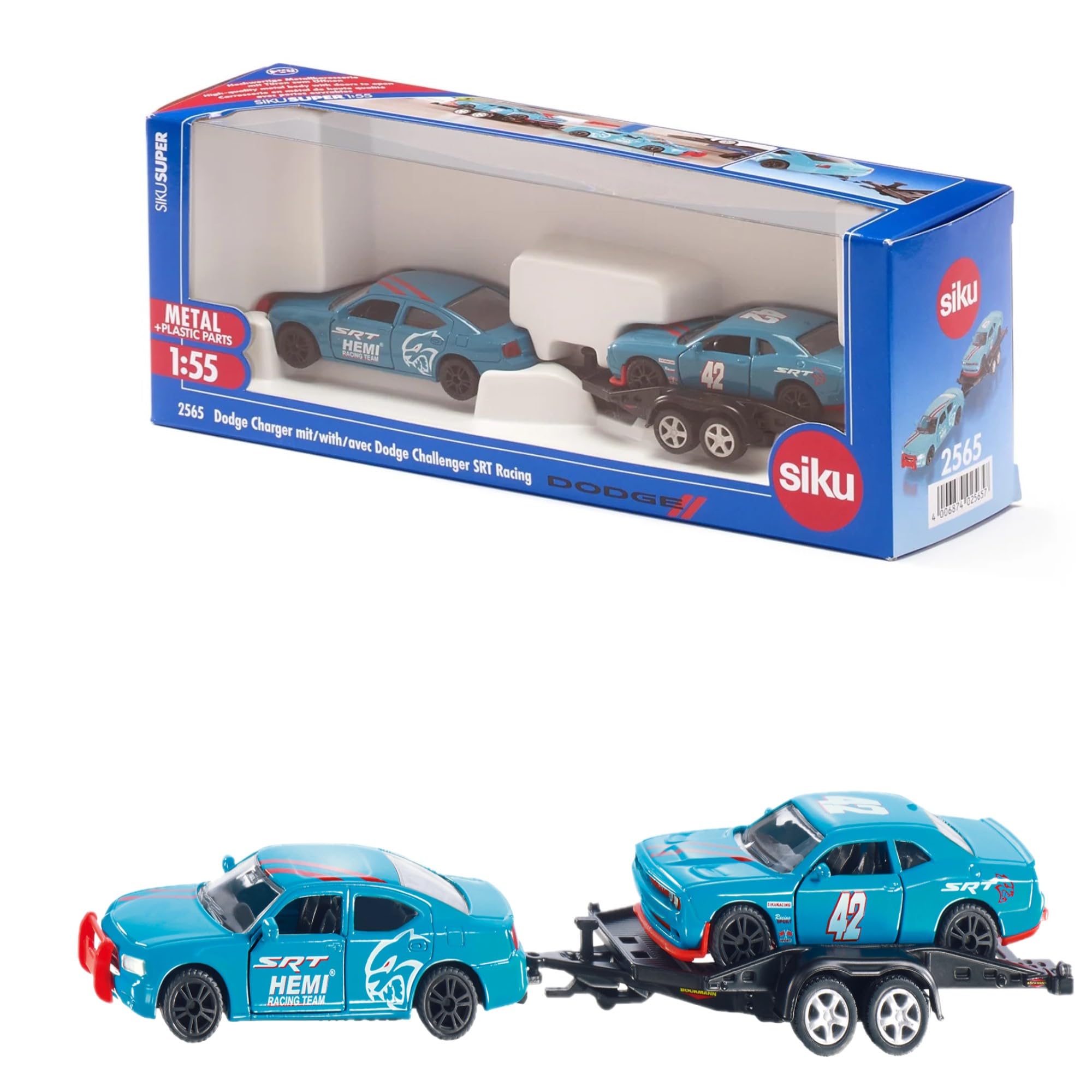 siku 2565, Dodge Charger with Dodge Challenger SRT Racing, Sky Blue, Metal,Plastic, 1:55, Functional doors