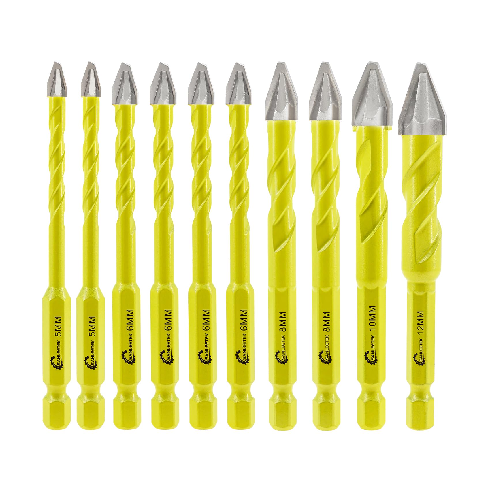 Skewed Head Eccentric Drill Bits Set - SANLEETEK Masonry Drill Bit Set for Wood Plastic Masonry Ceramic Tile Concrete Marble 10pcs 5mm*2+6mm*4+8mm*2+10mm+12mm, Quick Change Hex Shank