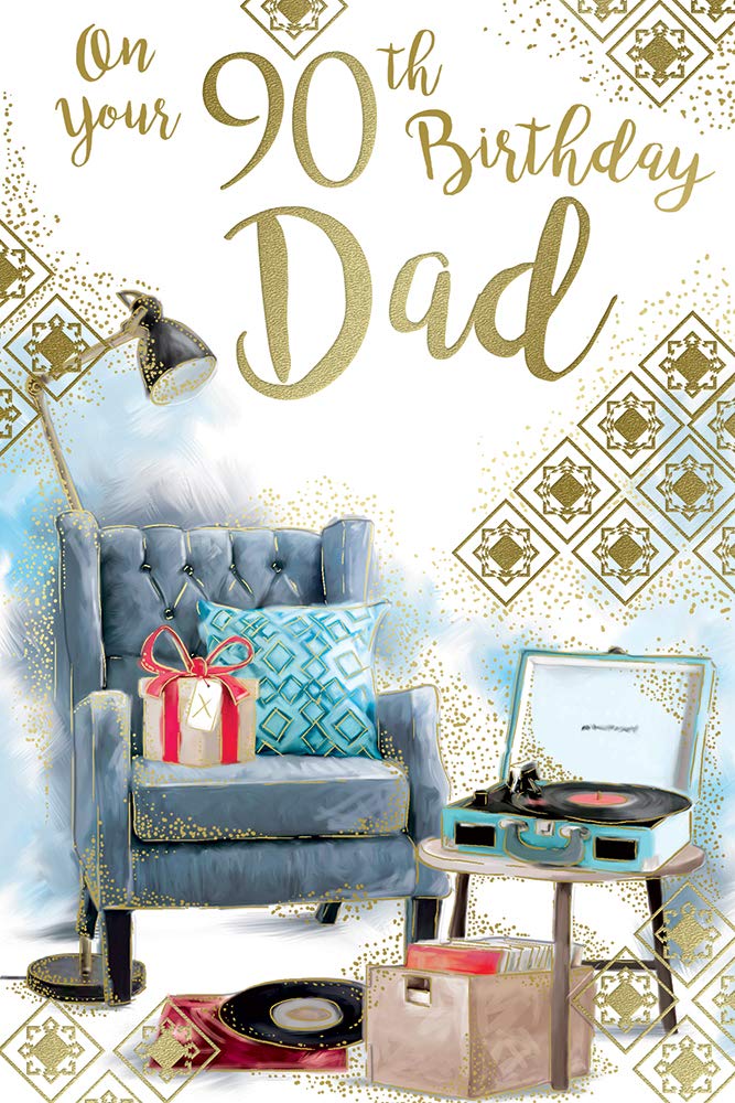 Card Happy 90th Dad 90 Arm Chair & Record Player Design Birthday Lovely Verse