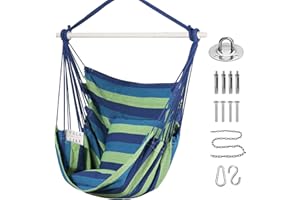 Goutime Hammock Chair Swing with 2 Seat Cushions Pillows, Hanging Chair with Detachable Metal Support Bar, Swing Chair with C
