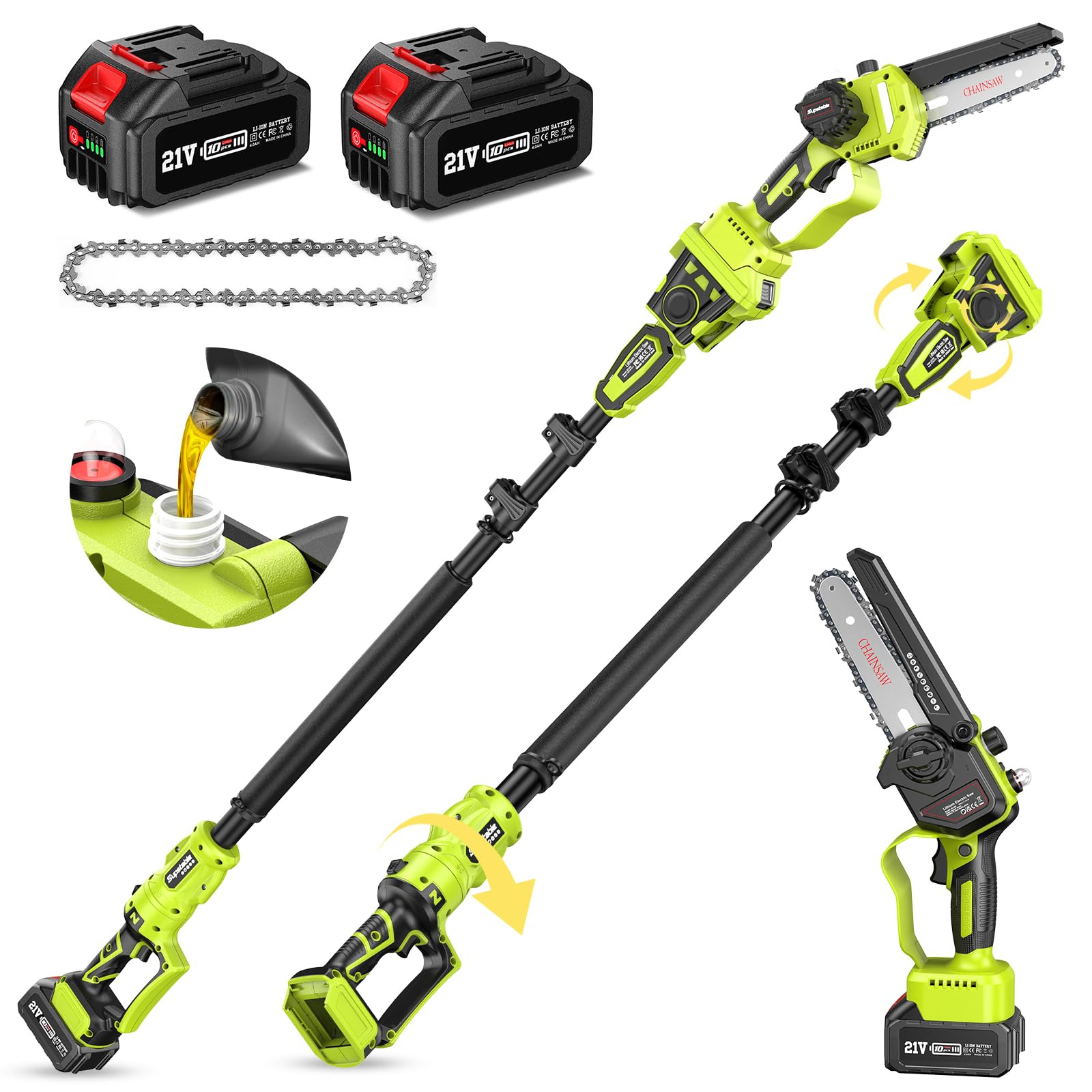 Photo 1 of 2-in-1 Electric Pole Saws Battery Powered: 6 Inch Mini Chainsaw Cordless with 15ft Long Reach Extension Pole, 2*4.0Ah Battery, Tool-Free Chain Tension, Pruning Saw for Wood Cutting and Tree Trimming