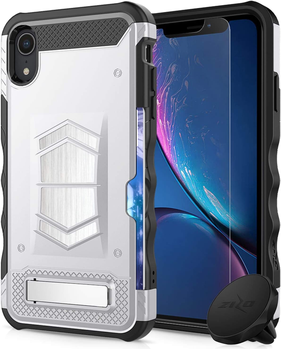 iPhone XR Case Electro Series by Zizo - Heavy-Duty Phone Cover with Card Slot, Tempered Glass Screen Protector, Built-in Magnet and Magnetic Car Mount Included