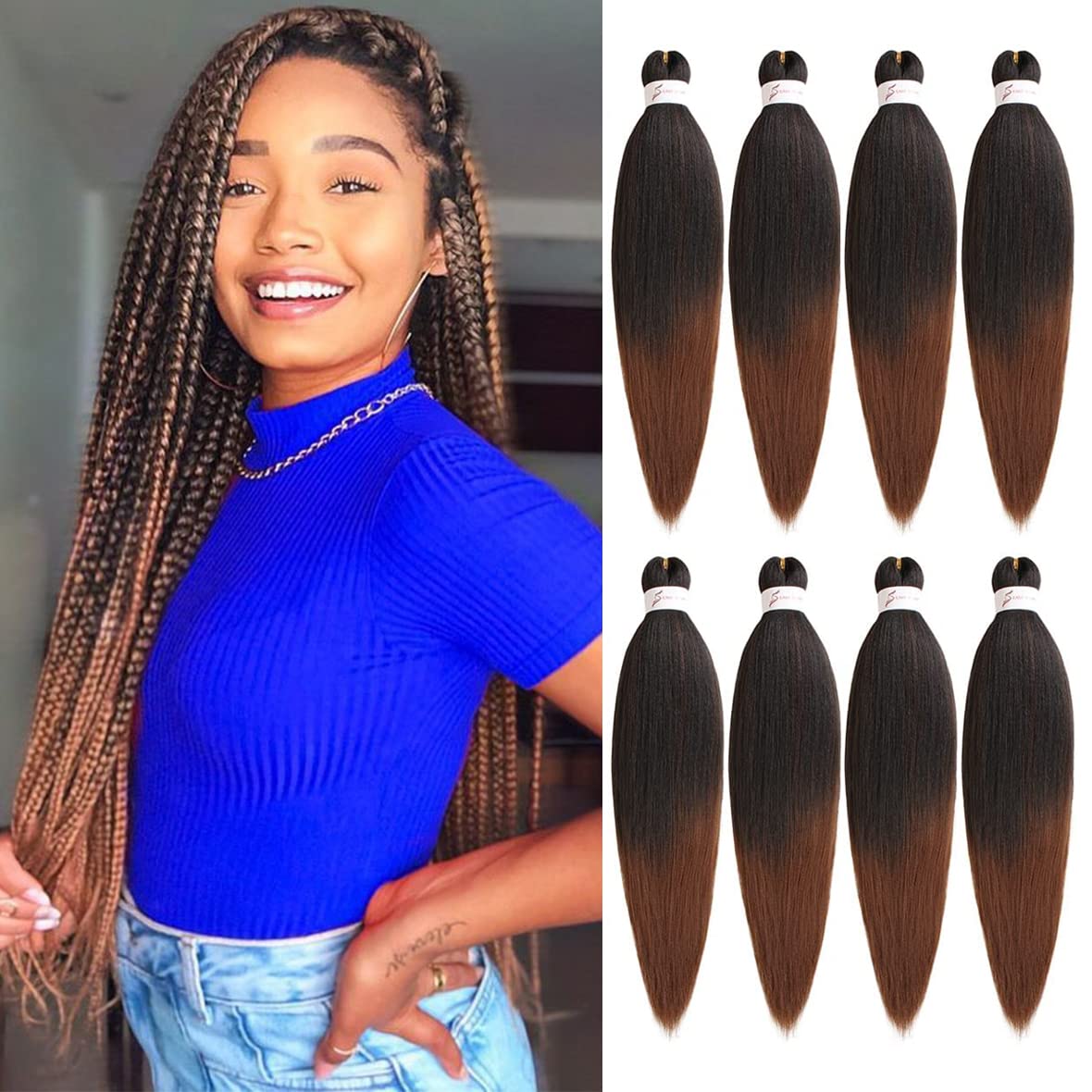 Leeven 16 Inch Pre Stretched Hair Extensions for Braiding 8 Packs Medium Auburn EZ Braiding Hair for Goddess Box Braids Crochet Hair /T30# โ image 1