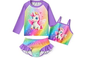 LQSZ Girls Rash Guard Sets Long Sleeves Swimsuit 3 Pieces Tankini Bathing Suit Swimwear for Girls 3-12 Years