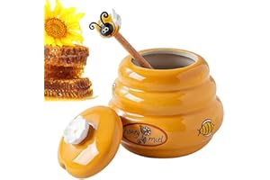 Ceramic Honey Jar, Mini Honey Pot with Lid and Wooden Dipper, Reusable Ceramic Syrup Dispenser, Multipurpose Airtight Kitchen