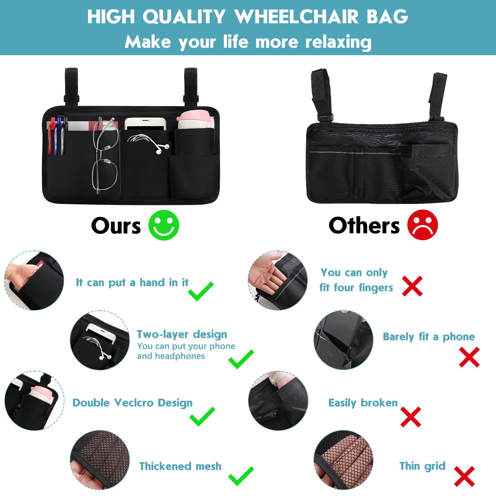 CTWWFS Upgrade Wheelchair Side Bag with Cup Holder, Armrest Accessories for Wheelchair, Rollator, Walker, The Perfectly Organized to Free your Hands and Bring you A Wonderful Life Experience (Black)