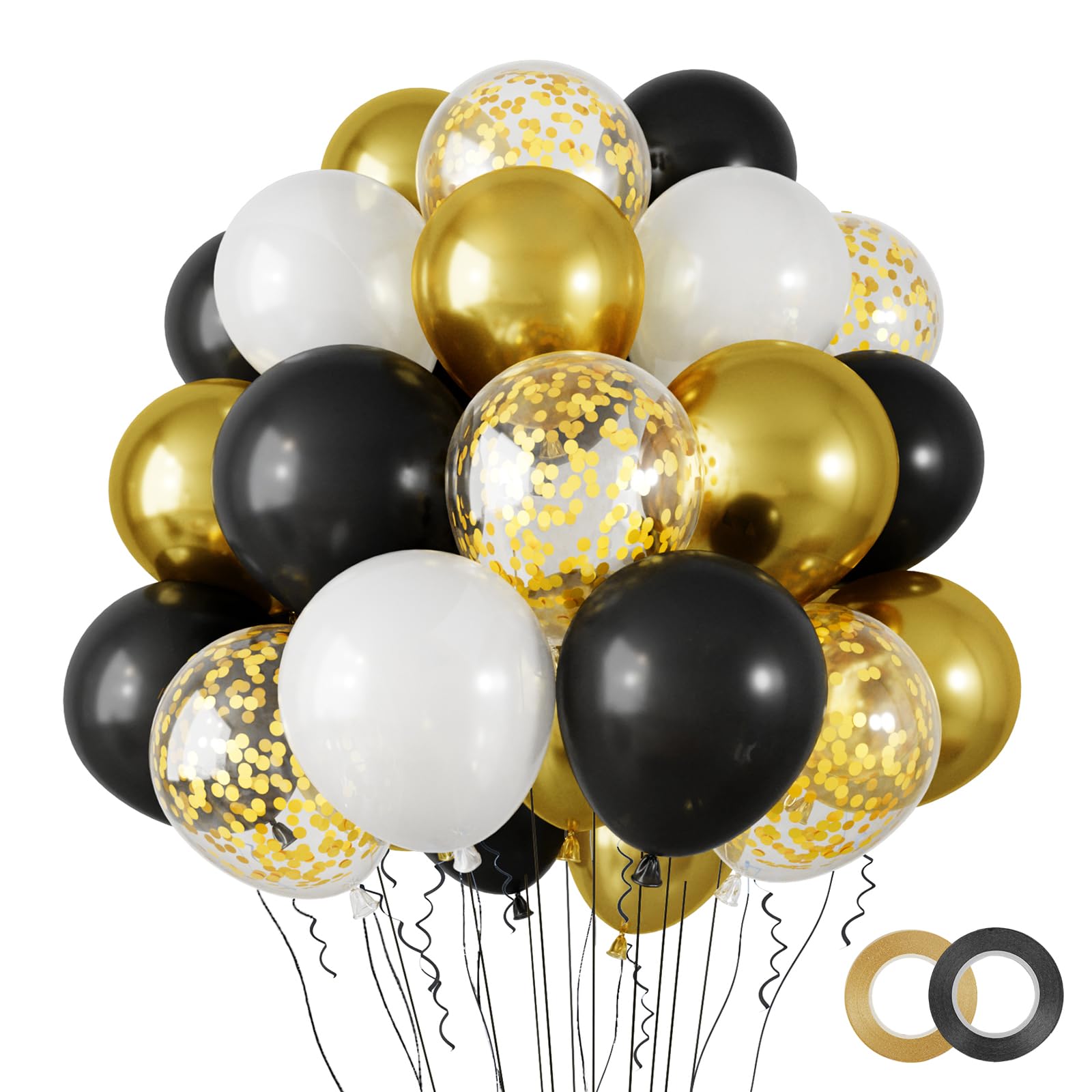 Photo 1 of RUBFAC 100pcs 12 Inches Black and Gold Confetti Balloons Kit, Metallic Gold and Black White Party Balloons with Ribbons for Birthday, Wedding, Anniversaries, Graduation Decorations