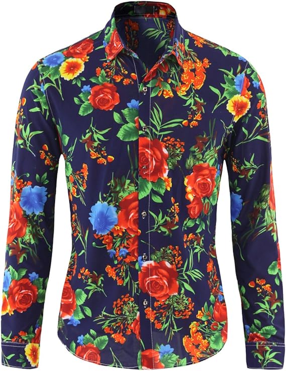 YOUTHUP Men's Floral Shirt Casual Long Sleeve Tops Fancy Prints Pattern