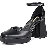 GENSHUO Women's Platform Chunky Heel Pumps - 4 Inches Closed Square Toe Heels with Ankle Strap Dress Wedding Party Shoes