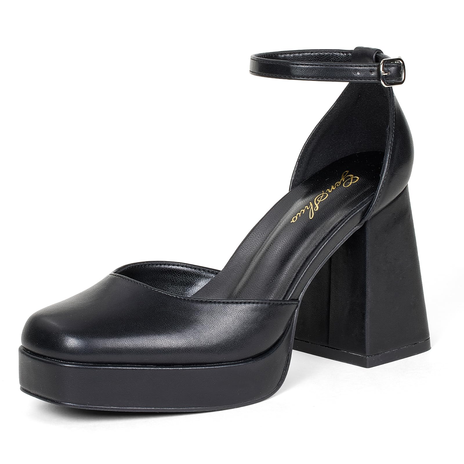 Square Toe Ankle Straps Platform Chunky Heel Pumps