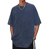 Aelfric Eden Mens Oversized Vintage T Shirts Acid Wash Cotton Solid Tee Shirt Drop Shoulder Streetwear Basic Tees Tops A-Dark Blue
