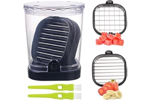 2-in-1 Detachable Fruit Slicer & Dicer, Stainless Steel Strawberry Slicer with Lid, Fruit Cutter with Push Plate for Banana E