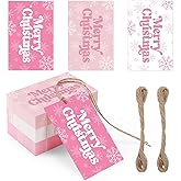 Jenaai 120 Pcs Pink Christmas Gift Tags with String 3 Designs Pink Merry Christmas Paper Gift Tags Xmas Hanging Label Snowflake Xmas Label for Happy Holiday Name Presents Season Events DIY Crafts