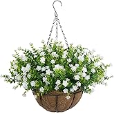 BCBLF Artificial Hanging Flowers Basket, 12 UV-Resistant Bundles of Realistic Fake Flowers, Faux Plants for Outdoor Decor, Home, Garden, Porch, Patio, Spring & Summer Decorations, White
