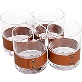 Bruno Magli 13 oz Leather Band Whiskey Rocks Glasses – Set of 4, Old Fashioned Crystal Barware for Scotch, Bourbon & Liquor, Lowball Tumblers with Wrapped Grip, Elegant Home Bar Drinkware