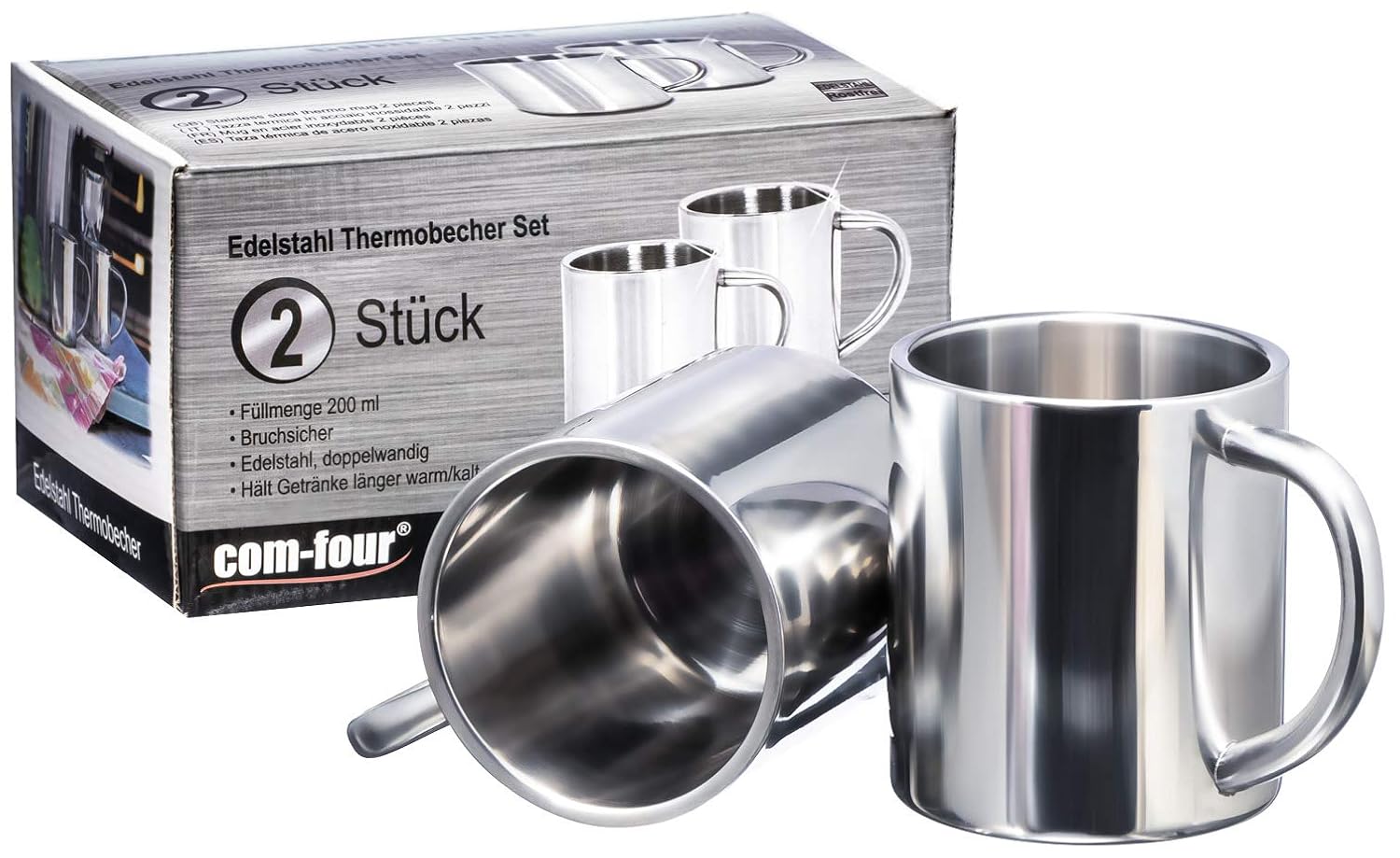 COMFOUR® 2X Stainless Steel Coffee Mug 200 ml per Coffee Cup