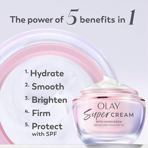 OLAY SUPER CREAM WITH SUNSCREEN SPF 30, LIGHTWEIGHT FACE MOISTURIZER WITH SUN PROTECTION, 5-IN-1 SKIN CARE BENEFITS – HYDRATING, BRIGHTENING, FIRMING – NIACINAMIDE, VITAMIN C, COLLAGEN PEPTIDE, 1.7 OZ