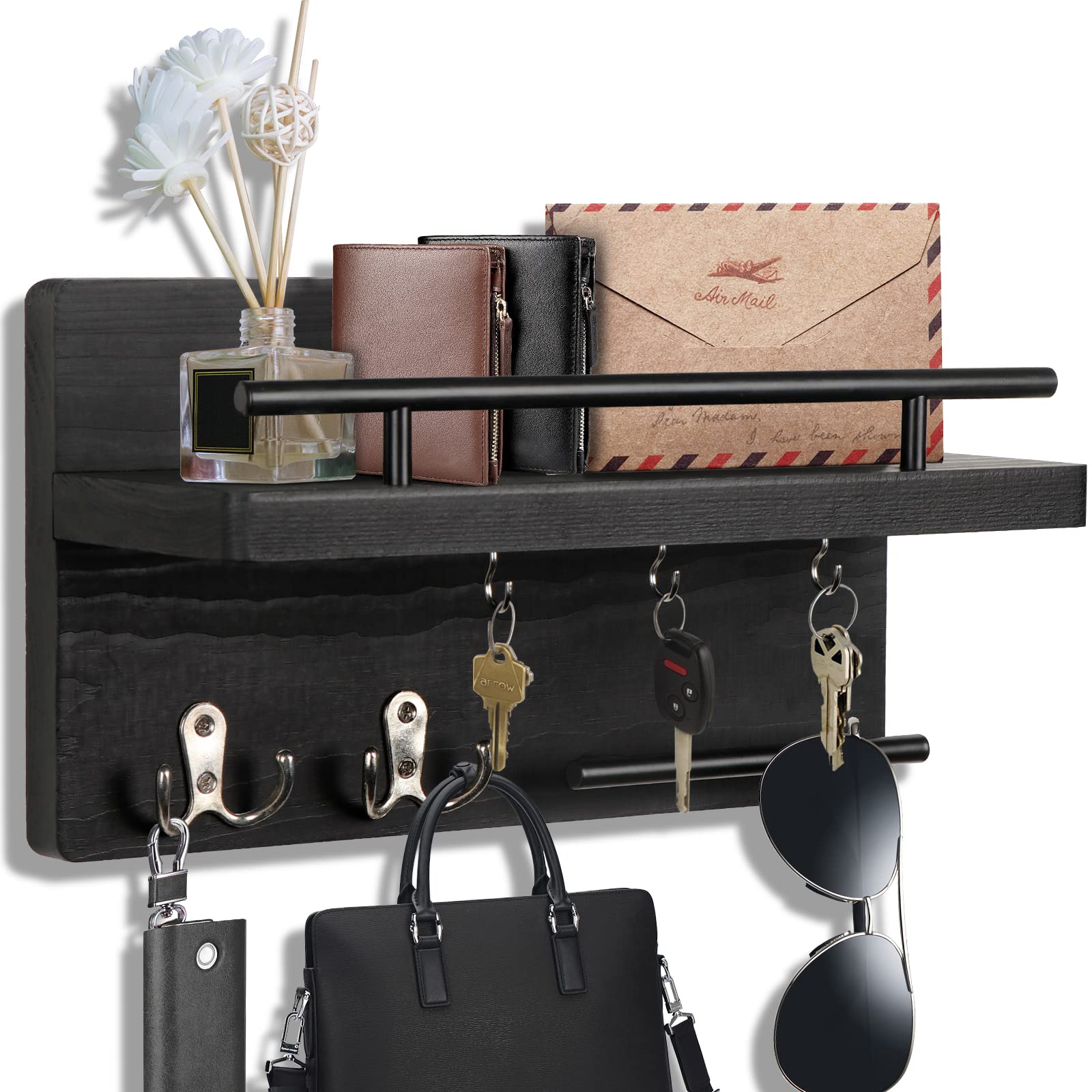 Photo 1 of OurWarm Key Holder for Wall Decorative with 5 Key Hooks, Wall Mounted Key Hangers for Wall with Mail Key Rack, Wooden Mail Organizer with Shelf