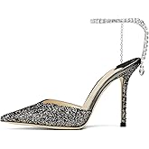 BlingQueen Women's Heeled Sandals Crystal Chain Rhinestone Embellished Strap Pumps Pointy Stilettos Backless Wedding Dressy Bridal Shoes
