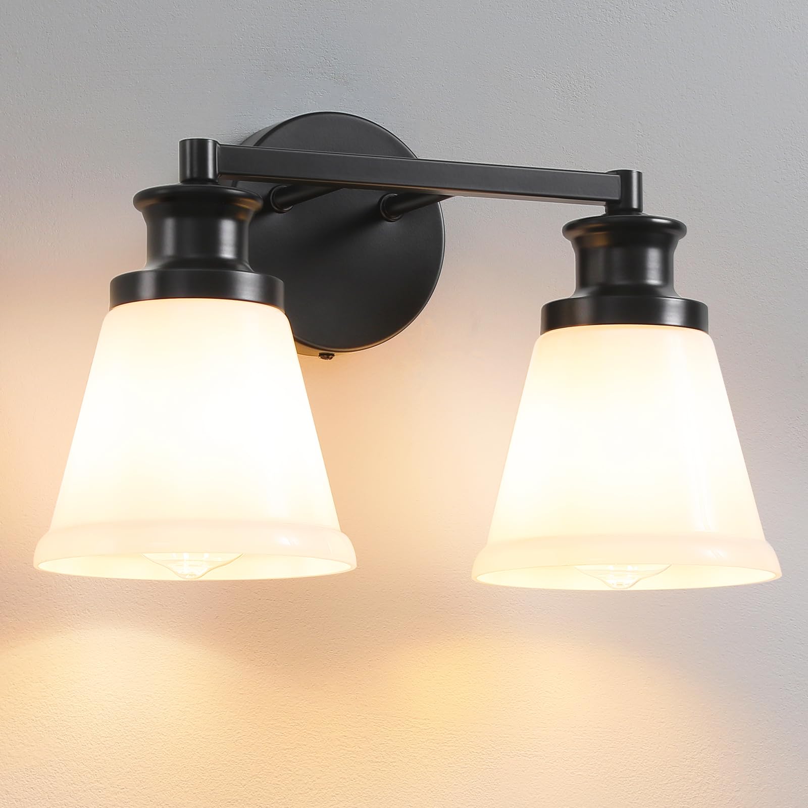 Photo 1 of CCYCOL Modern Bathroom Vanity Lights - 2-Light Black Bathroom Light Fixtures Over Mirror with Milky White Glass Shade, Bath Wall Sconce Lighting Vanity Lights for Bath, Bedroom, Hallway