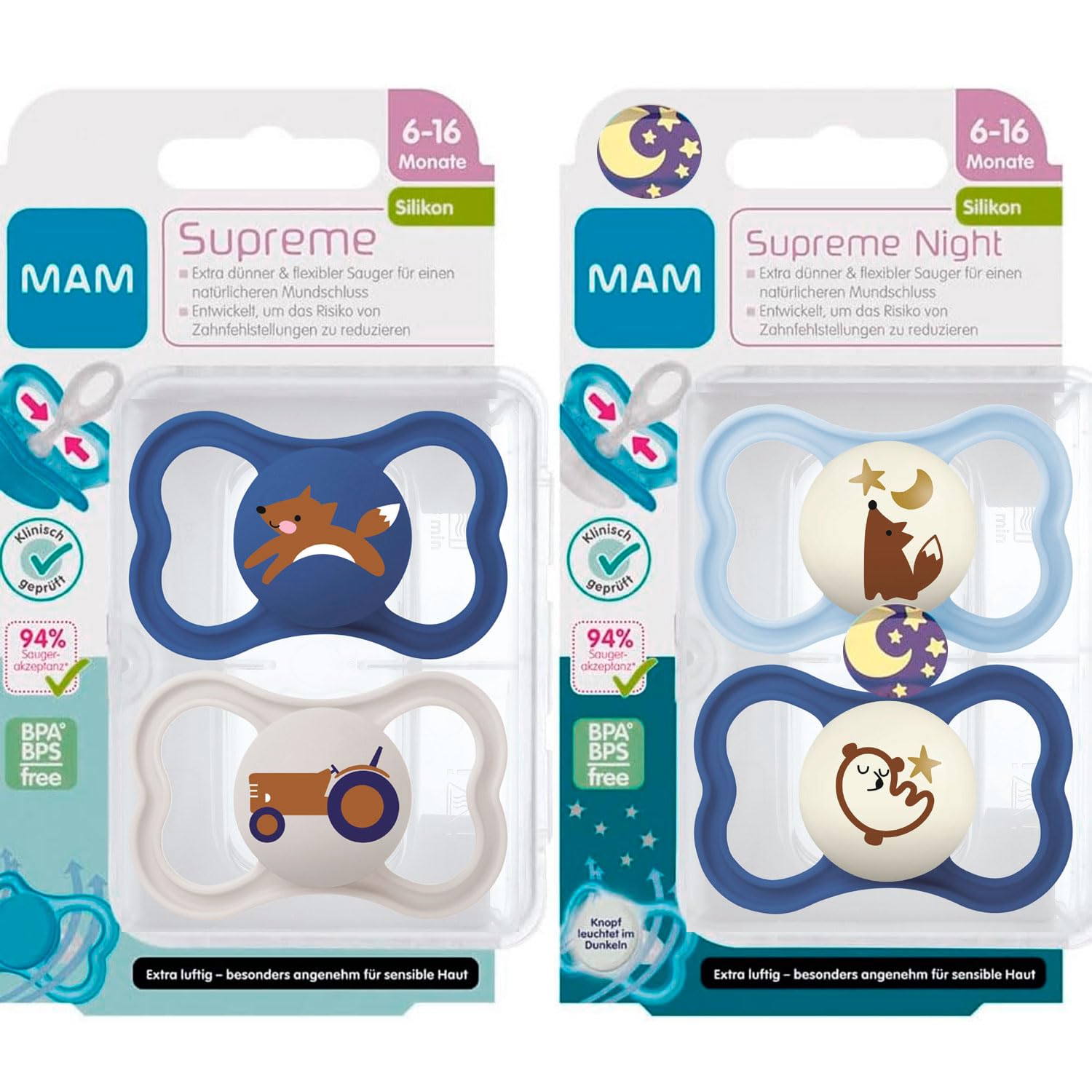 MAM Supreme Dental Dummy 6-16 Months, Pack of 4, Thin Teat - Orthodontic Soother, Skin-Friendly with Extra air Flow, incl. Travel case, Unisex