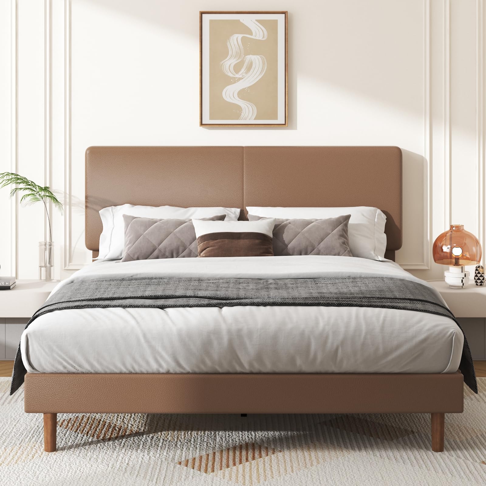Photo 1 of Mxhtcewz King Size Platform Bed Frame with Adjustable Headboard, Faux Leather Upholstered Bed, No Box Spring Needed, Noise-Free, Easy Assembly, Brown