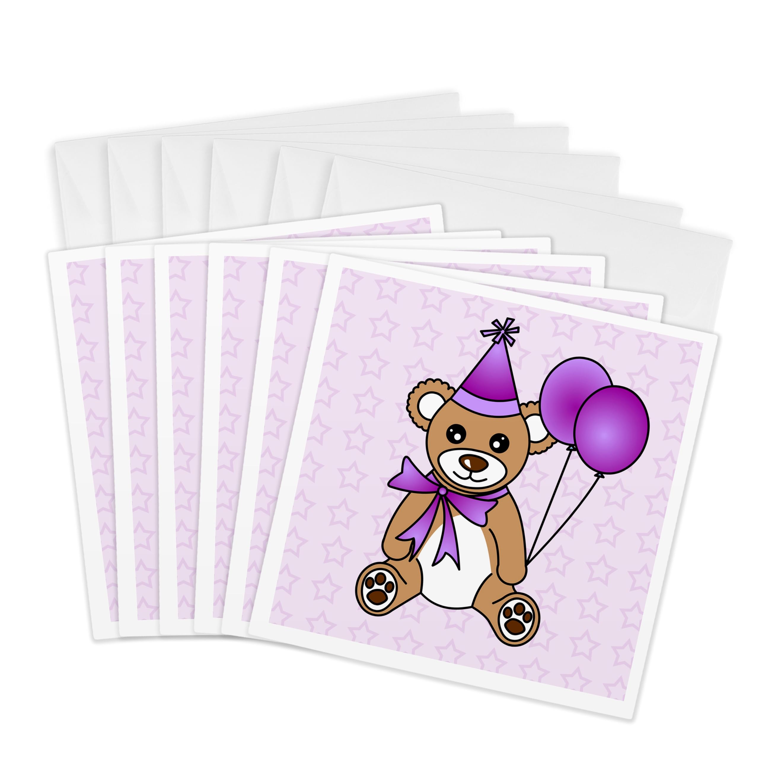3dRose gc_15401_1 6 x 6-Inch "Birthday Cute Party Bear with Ballon Purple" Greeting Card (Pack of 6)