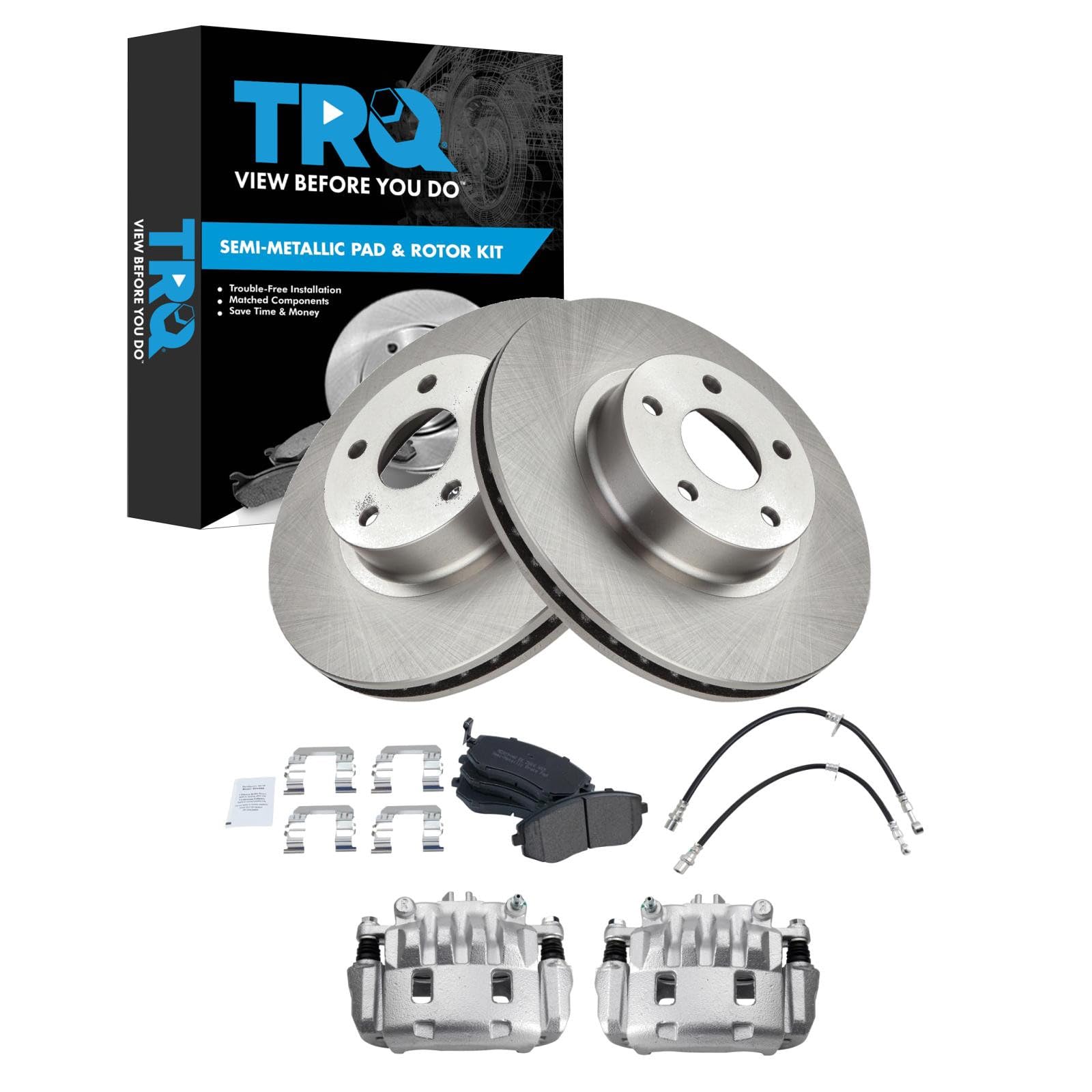 TRQ Front Brake Pad and Rotor Set Semi Metallic Rotors Calipers Compatible with 2005-2006 Saab 9-2X 2002-2010 Subaru Impreza Image