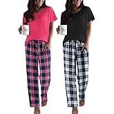 Ekouaer 2 Pack Pajamas for Women Set Short Sleeve Sleepwear Top and Pants Pjs Soft Printed Lounge Sets with Pockets