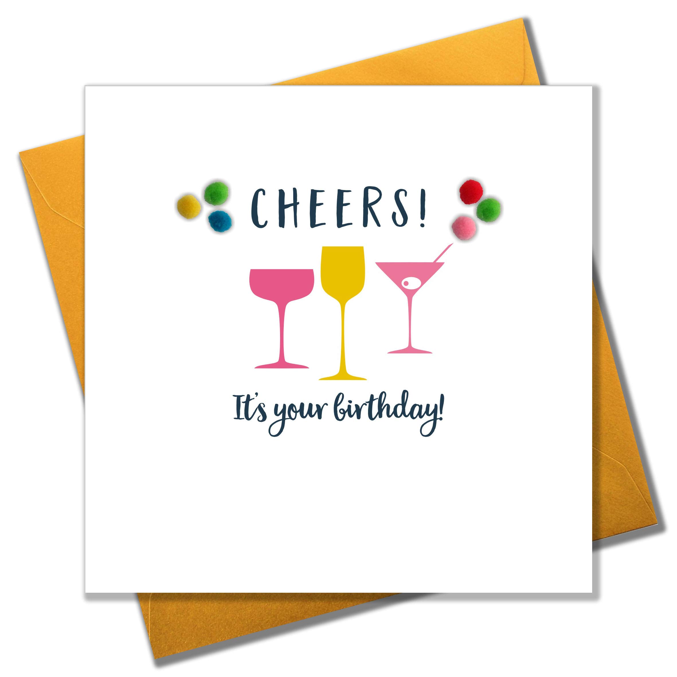 Claire Giles Greeting Cards, Everyday General Greeting Card, Cocktail Glasses design Birthday or General Card, Embellished with colourful pompoms