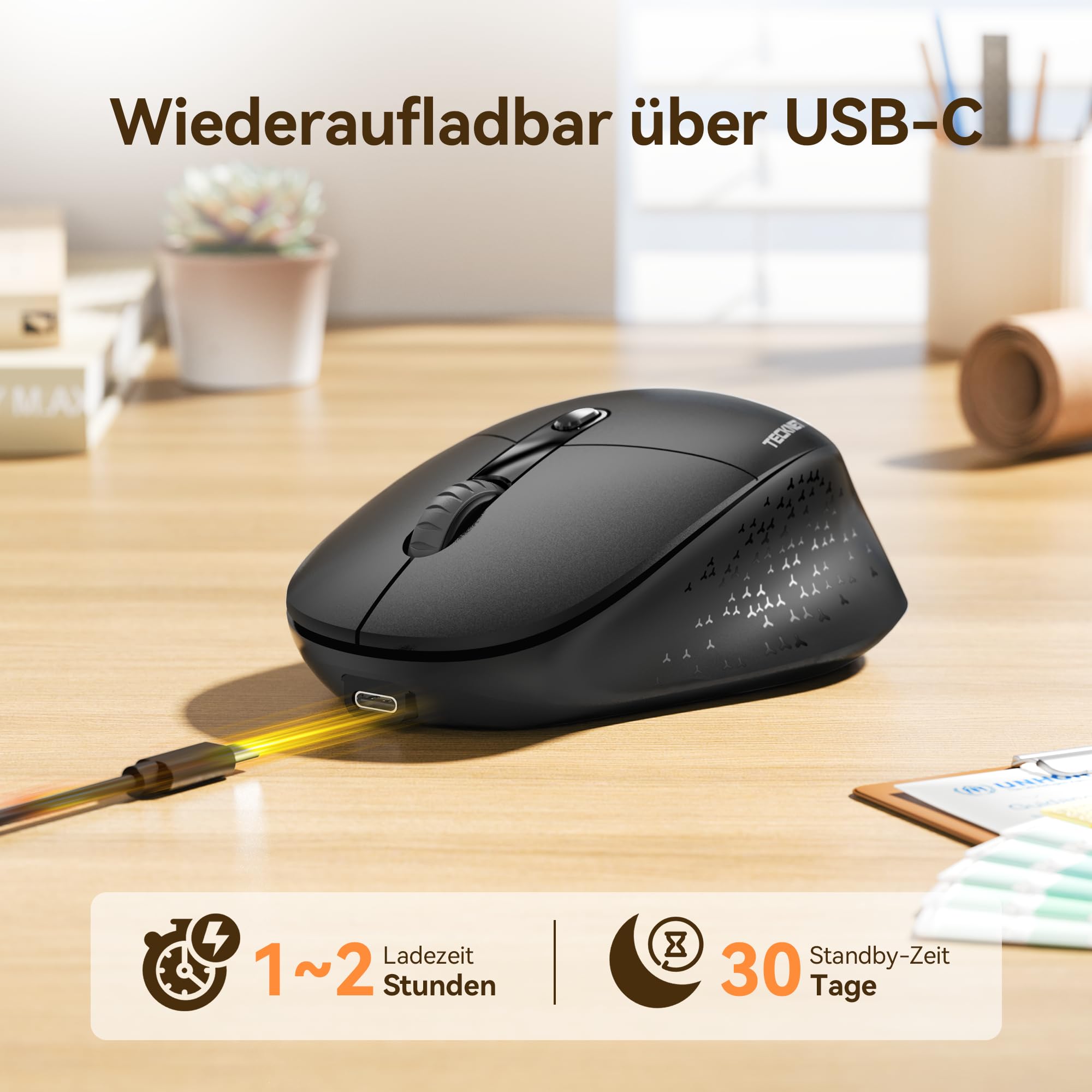 TECKNET Bluetooth Kabellose Maus Silent Tri-Mode 2.4G Wiederaufladbar 3