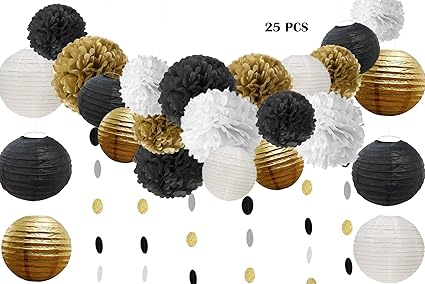 Amazon Com 25 Pcs Black Gold White Tissue Pom Poms Paper Flowers