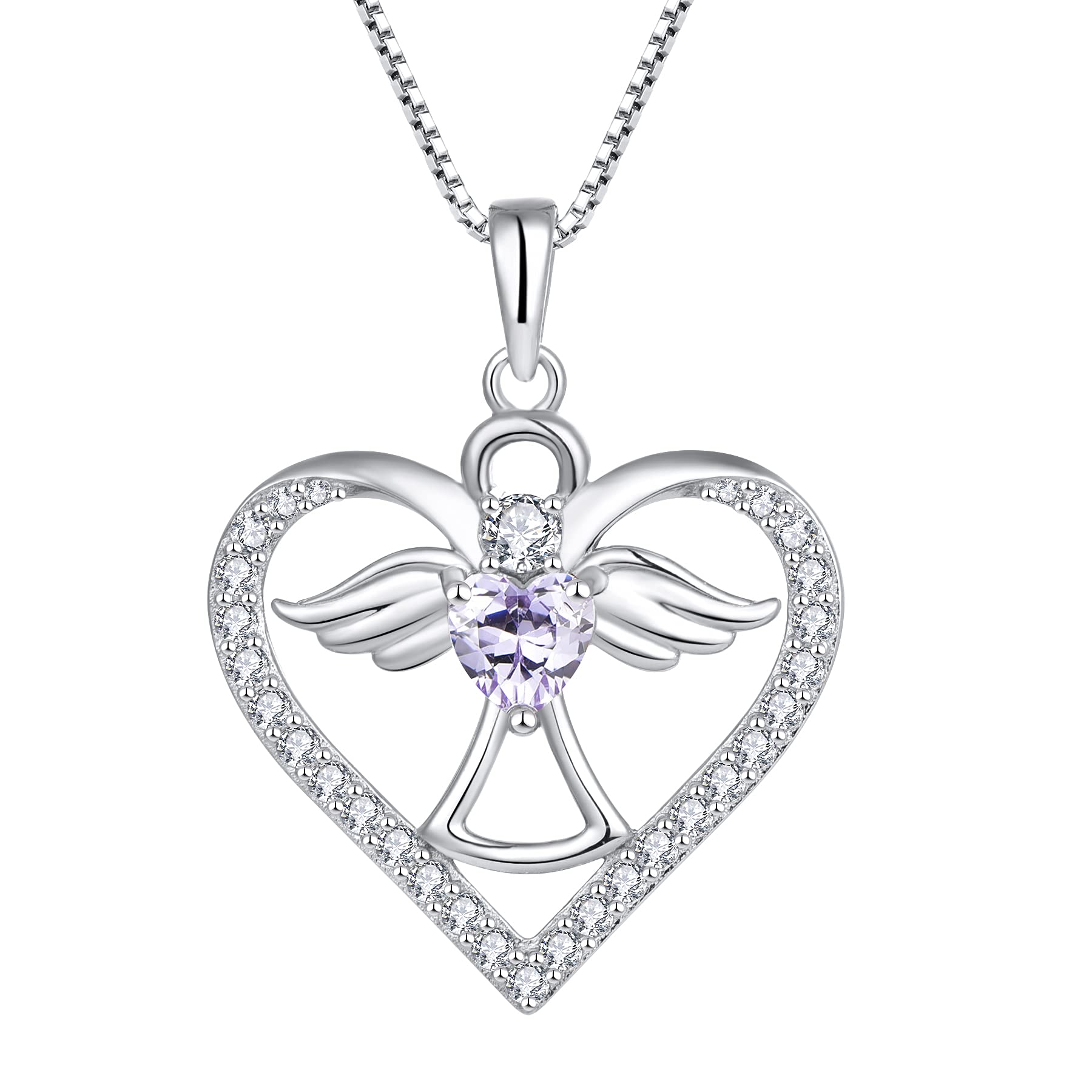 FJ Guardian Angel Necklace 925 Sterling Silver Heart Angel Wings Pendant June Birthstone Necklace Alexandrite Jewellery for Women