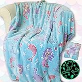 Mermaid Narwhal Throw Blanket: Glow in The Dark, Cozy, Soft, Warm, Fleece Girl Blanket with Starfish, Pearls, and Cute Mermaids 50" x 60" (Teal)