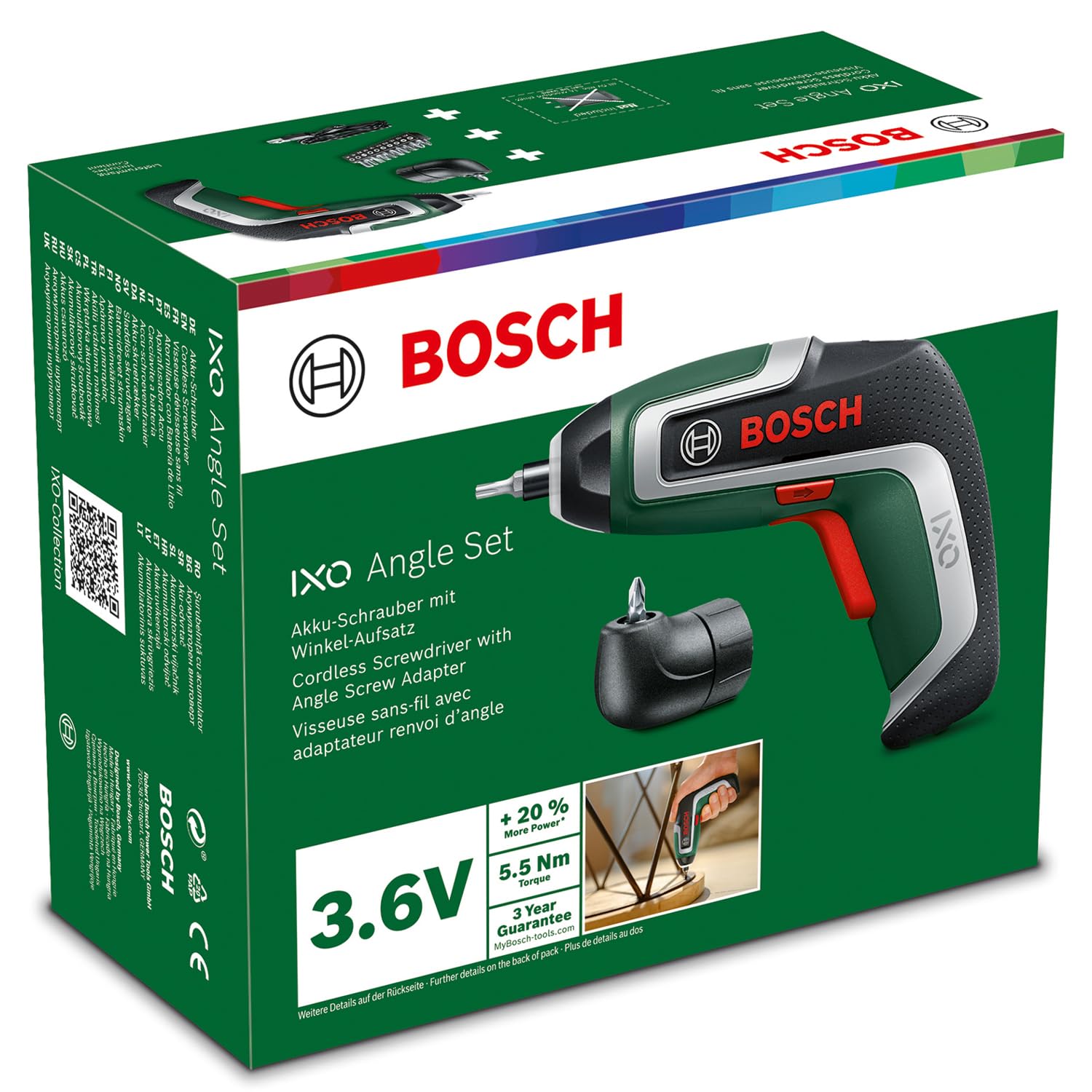 Bosch IXO Cordless Screwdriver (7th Generation; 3.6V; 2.0Ah; 5.5Nm; with Micro USB Cable; Includes Angle Attachment; Screws up to 190 Screws; in Box) - Amazon Edition