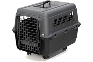 SPORTPET DESIGNS SportPet Airline Approved Wire Door Travel Dog Crate, Durable Plastic Pet Travel Kennel with Removable Wheels,Collapsible, Food Bowls & Accessories, Fits Dogs up to 24" L & 16" H - Medium -Gray/Black