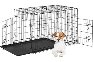 FDW Dog Crate for Small Dogs 24 Inch Folding Metal WirePet Cage Double Door W/Divider Panel Indoor Outdoor Kennel Leak-Proof Plastic Tray,Black