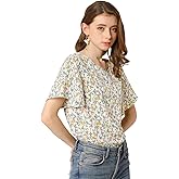 Allegra K Women's Floral Blouse Tee Chiffon Casual Flutter Sleeve Tops