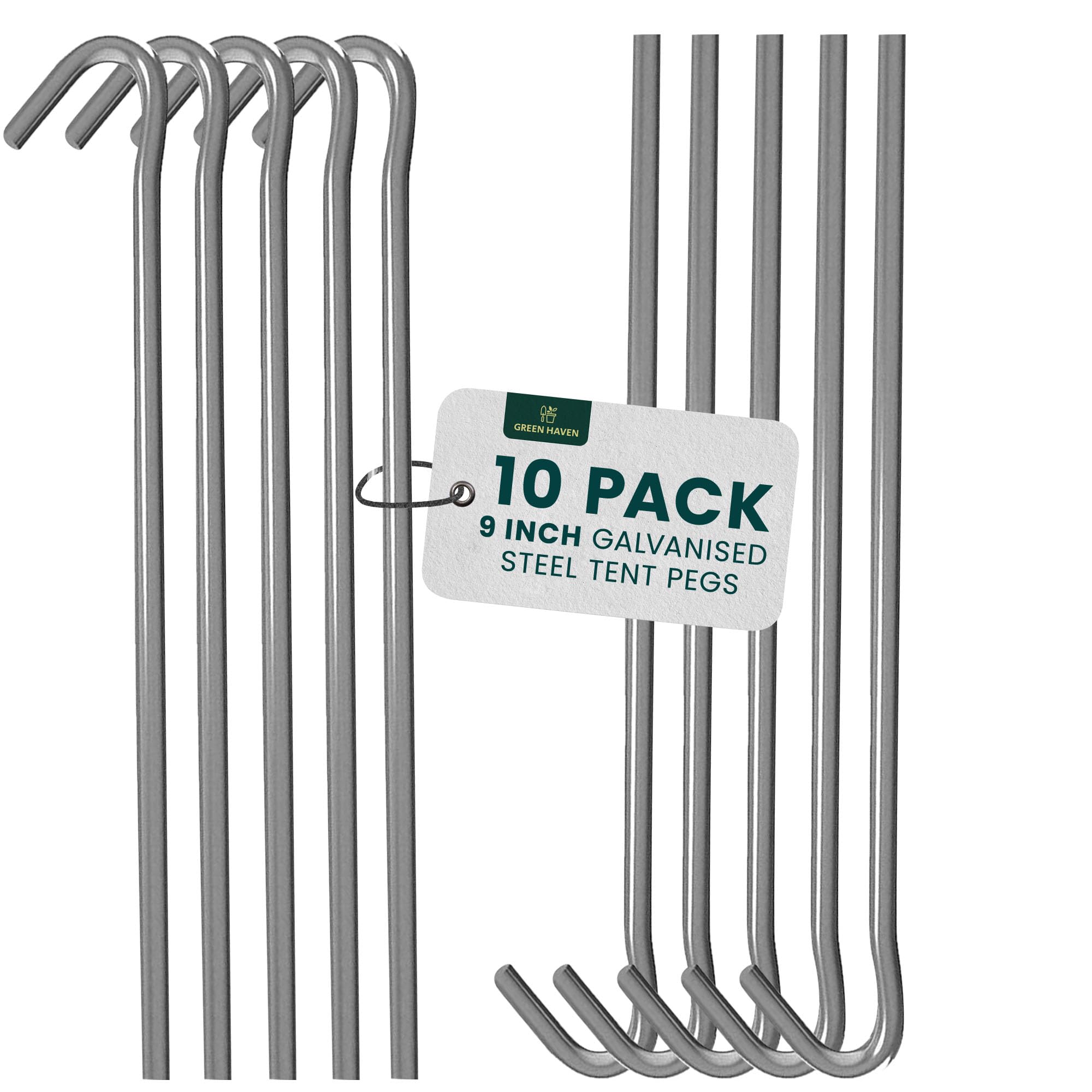 Green Haven Heavy Duty Tent Pegs - 10 Pack 9 inch Durable Galvanised Steel Ground Stakes, Rust-Resistant Tent Pegs Metal Heavy Duty for Camping, Gazebos, Hiking & Outdoor