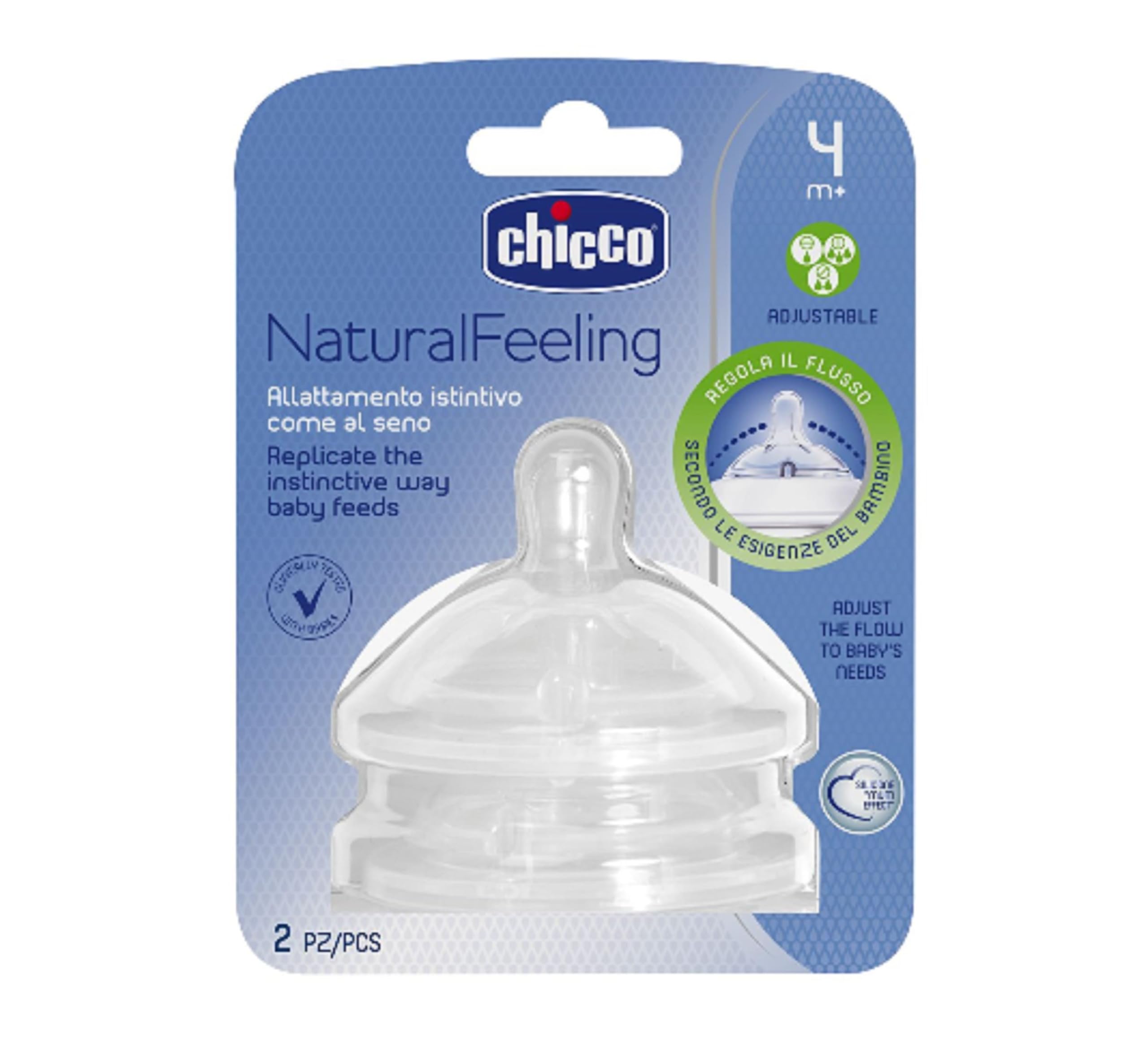 Chicco Natural Feeling 2X Silicone Teat, Variable Flow, Straight Top, 4 Months+