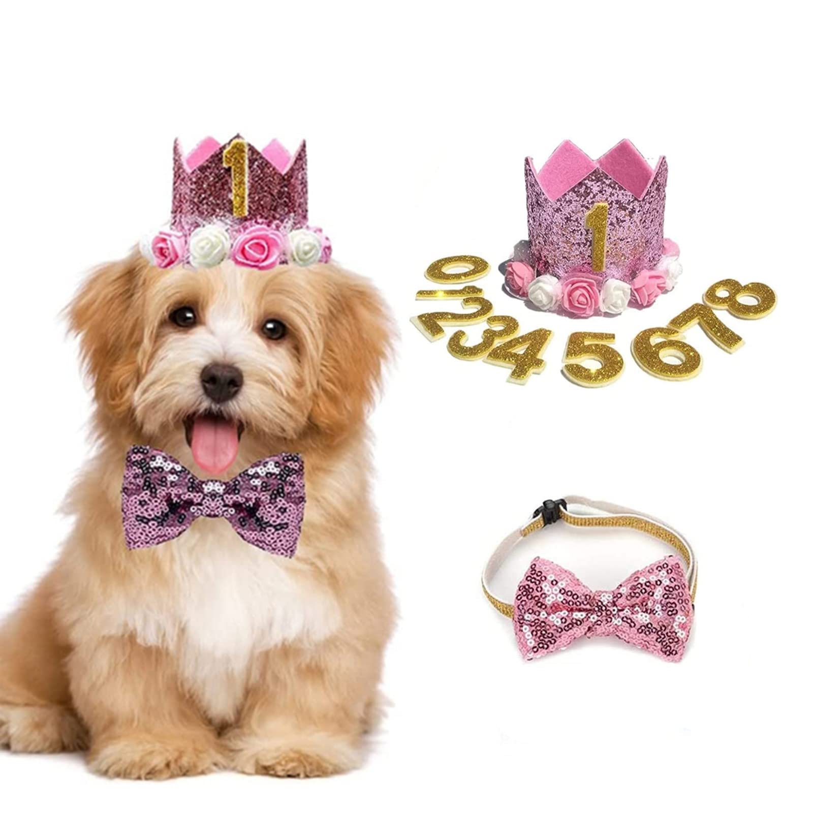 Dog Birthday Hat, Pet Cat Dog Birthday Crown Hat and Bowtie with 0-9 Figures Charms Party Accessories for Small Medium Puppy Kitten (PINK)