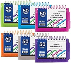 Bazic Poly Spiral Bound Index Card with 2 Tab Divider, White Ruled Paper, 3 x 5 Inches, Color Varies, (3 Pack), (570)