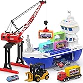 cute stone Interactive Toy Boat with Lights & Sounds, 2-in-1 Push-Go Cargo Ship and Tower Crane, Construction Playset for Kid