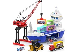 cute stone Interactive Toy Boat with Lights & Sounds, 2-in-1 Push-Go Cargo Ship and Tower Crane, Construction Playset for Kid