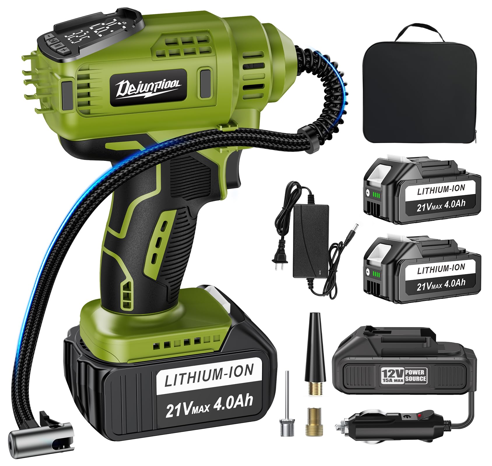 Portable Tire Inflator for Car with 2x4000Mah 21V Batteries, Runs Quiet, Auto Off, Fast Powerful Cordless Battery Powered Air Pump Compressor, Max 150Psi w/Accurate Digital Pressure Gauge