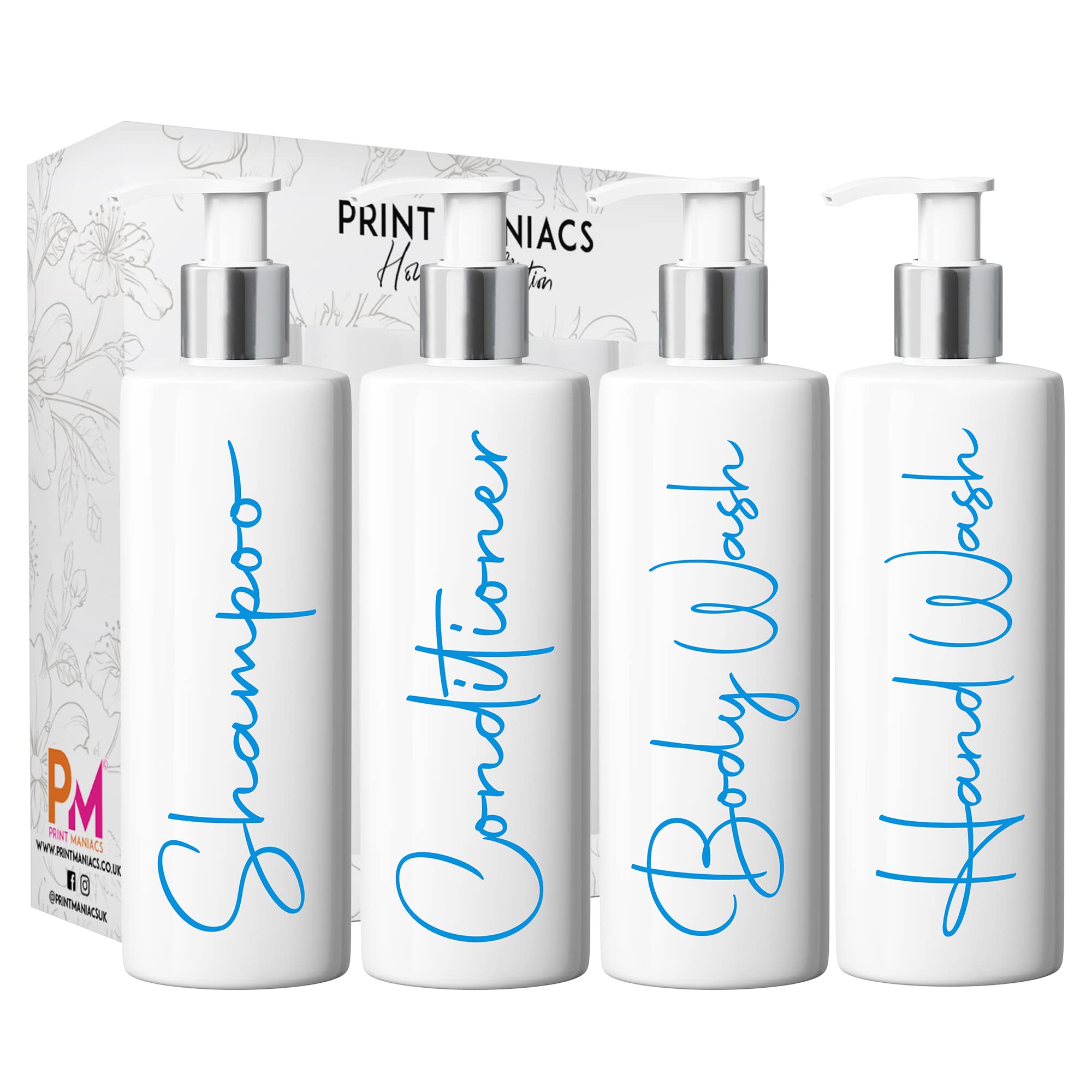 Print Maniacs White Mrs Hinch Inspired Personalised 500ml Pump Bottles Bathroom Lotion Kitchen Set Shampoo Conditioner ( Hand Wash Set , F2) (Blue)