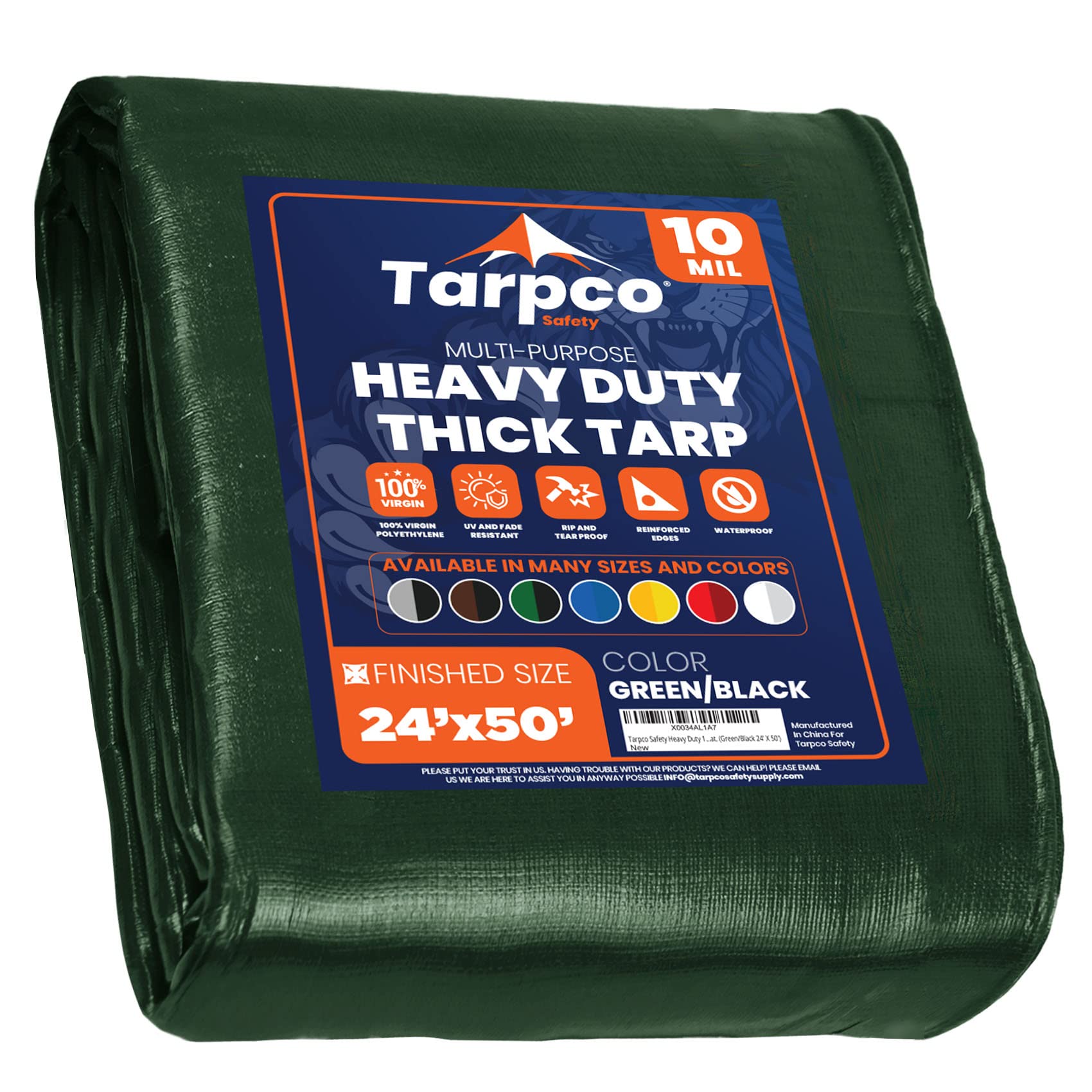 Tarpco Safety Heavy Duty 10 Mil Tarp Cover, Waterproof, UV Resistant, Rip and Tear Proof, Poly Tarpaulin with Reinforced Edges for Camping, Roof, Patio, Pool, Boat. (Green/Black 24′ X 50′) Image